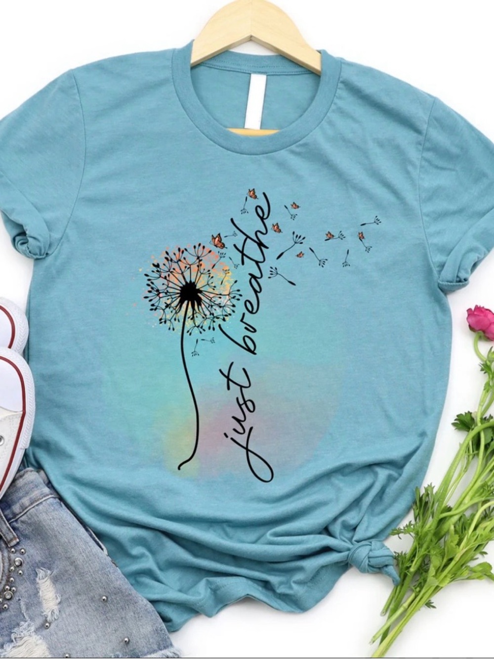 Just Breathe Dandelion Tee in Dusty Teal